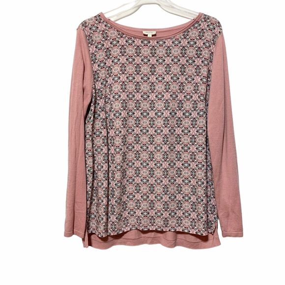 Talbots Blouse Top Womans Large Pink Green Floral Long Sleeve Round Neck Blouse - Picture 1 of 9